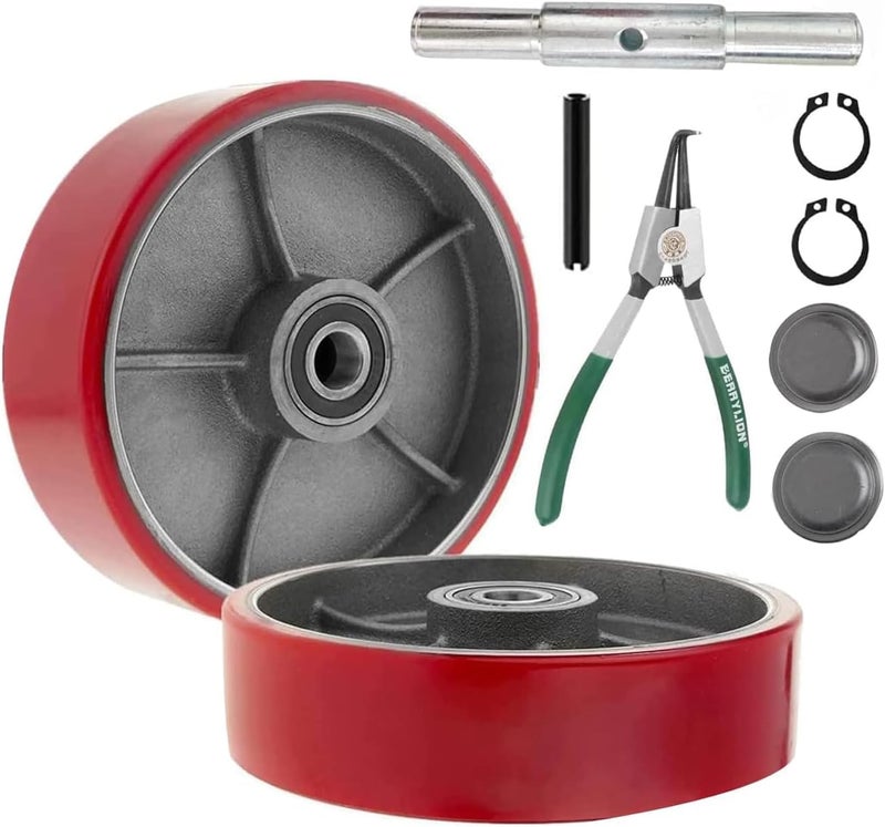 Legines Pallet Jack/Truck Steering Wheels Set with Axle, Fasteners and Protective Caps (2 pcs) 7" x 2" with Bearings ID 20mm Poly Tread With Tools （Red） - Image 1